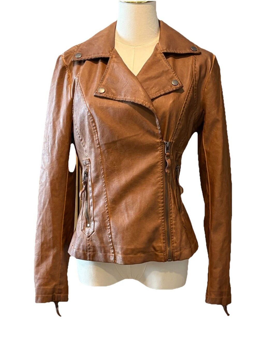 Women’s Brown Biker Jacket Vegan Leather XS Y2K 90’s Retro
